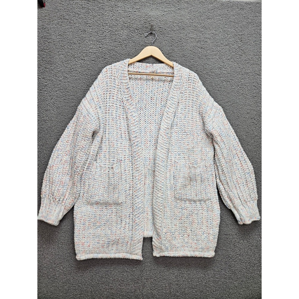 POL Chunky Chenille Cardigan Large White Confetti Knit Open Front Boho Grandma